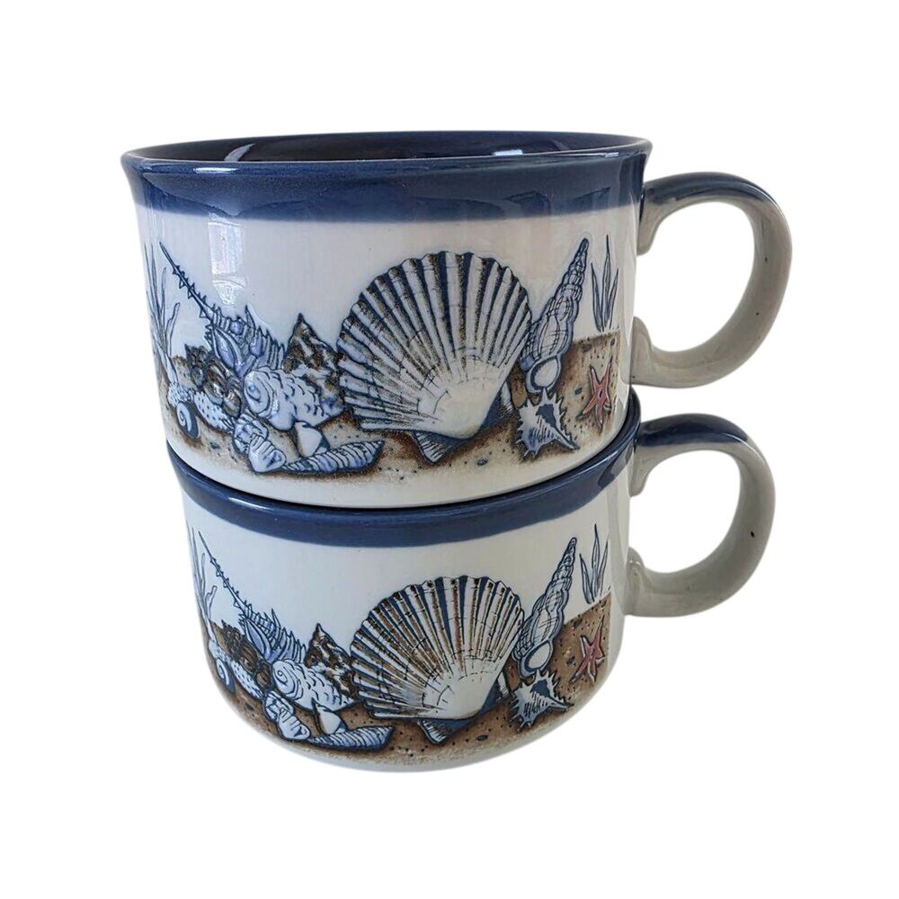 Vintage Otagiri Embossed Seashell Soup Mugs Set of 2 Ceramic Japan 1990s Coastal